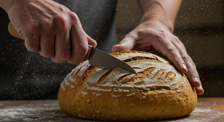 Artisan baker carefully scores a freshly baked sourdough bread with a sharp knife preparing it for baking