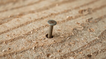 Metal nail stuck in wooden surface
