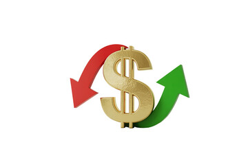 Golden dollar sign with up and down arrows isolated on transparent background