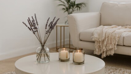 Clean and minimal living area adorned with dried lavender and scented candles placed in a small glass holder. Indulge in aromatherapy at home.