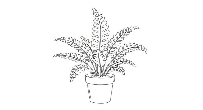 Delicate line art of a fern plant in a pot, adding a touch of nature to any design project or creative endeavor, perfect for elegant botanical themes and minimalist styles