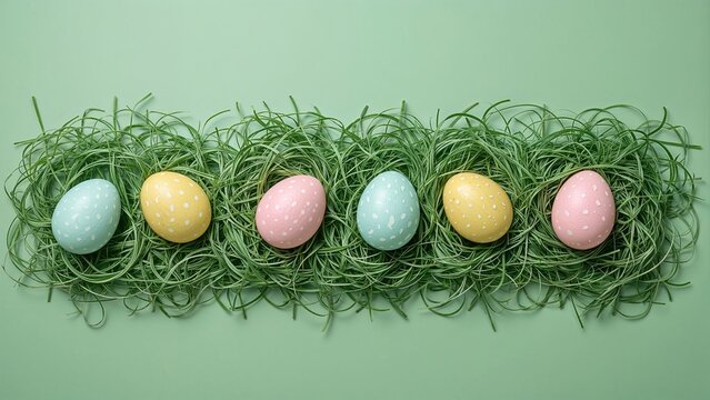 Modern background displaying pastel Easter eggs in bright colors isolated on green. Extended horizontal banner for digital design. Top-down view, mockup format.