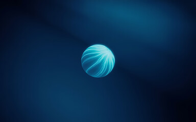 Luminous cyan orb with glowing lines on dark blue background