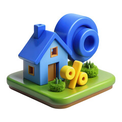 3d blue house with percentage symbol and rolling object isolated on transparent background