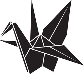 Black Silhouette of Origami Crane with Folded Paper Lines Isolated on White Background