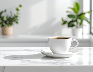 White cup of hot coffee with a spoon on a brown table for breakfast