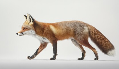 Fototapeta premium A Red Fox in Profile, Walking Gracefully on a White Background