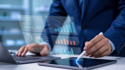 Business Data Analysis - A businessman using a digital pen on a tablet, with a dashboard showing various financial charts and graphs, for data analysis