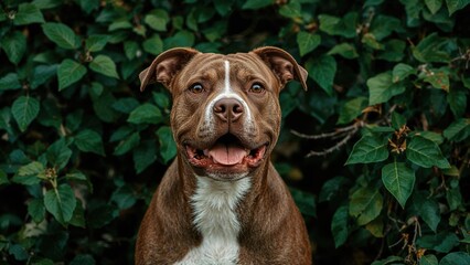 Brown and white pit bull terrier posed in front of dense green vegetation