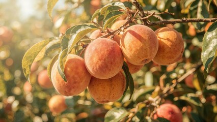 Ripe Peaches Growing on Branch