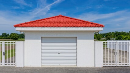 Contemporary car shelter featuring curved white walls, a red tiled roof, and a roller shutter door.