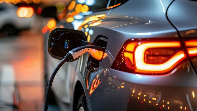 A silver electric car is plugged into a charger, with the taillights illuminated. The setting appears to be an urban environment, with bokeh lights adding depth to the scene.