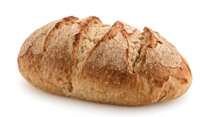 Fresh homemade rustic bread loaf, isolated against a white background