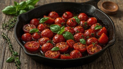 Oven-roasted cherry tomatoes with fresh basil and thyme in a cast iron pan, alongside a wooden spoon