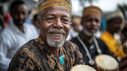 Elderly african male celebrating with traditional drums