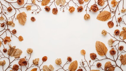 Flat lay of dried viola flowers on a white surface, evoking autumn vibes in anime style, overhead perspective with space for text