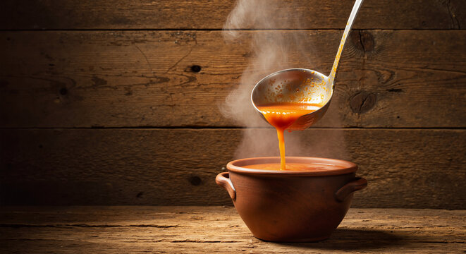 Steaming hot tomato soup being ladled from a rustic clay pot on a wooden table during a cold day
