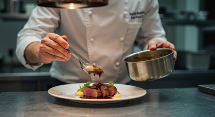 Expert Chef Carefully Plates Gourmet Steak Dish with Rich Sauce and Mashed Potatoes in Professional Kitchen