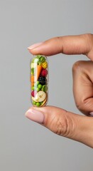 Close up of multivitamin capsule with fresh vegetables and fruits, held by fingers. Multivitamin capsule contains healthy ingredients, including carrots, peas, berries, and bananas.