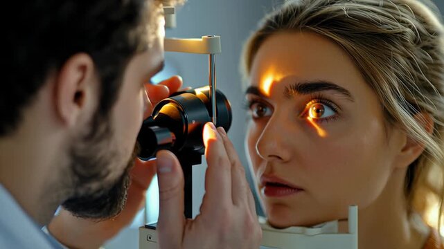 Optometrist conducting eye exam with slit lamp for vision health check