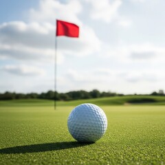 Obraz premium Golf ball on green grass with red flag in the background on a sunny day