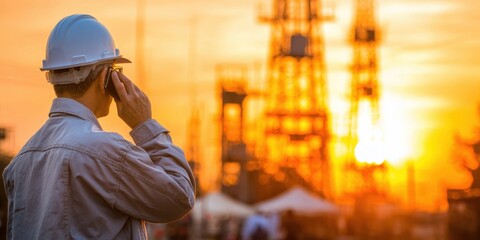 Engineer on Phone at Construction Site During Sunset