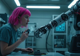 A woman with pink hair works with a robotic arm in a futuristic laboratory setting