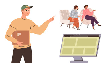 Delivery worker gestures with parcel in hand, two women converse in armchairs, computer screen displays layout. Ideal for teamwork, communication, delivery, customer service, technology, teaching