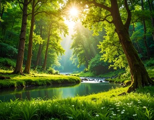 Fototapeta premium Serene Forest Stream with Sunlight Filtering Through the Lush Canopy Scene