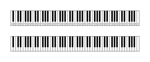Piano keys illustration. Vector illustration of 88 key piano keys with note labels. Piano or keyboard chart for education and music teaching.  © Vector Archive