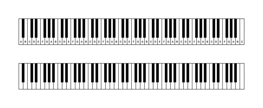 Piano keys illustration. Vector illustration of 88 key piano keys with note labels. Piano or keyboard chart for education and music teaching. 