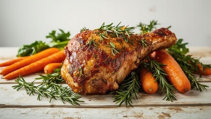 Fresh pork hock with rosemary and assorted vegetables on rustic wooden table