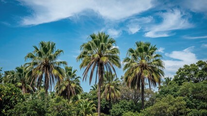 Lush green palms under a sunny sky in a tropical setting