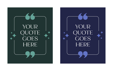 Quote template for social media post. Text box frame with quotation marks and sparkles for quotes and customer reviews. Quote frame with twinkling stars design template for social media quote post. 