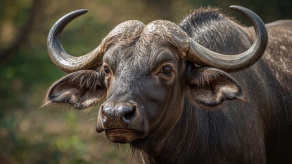 Fototapeta premium Close-up of a captive water buffalo's head, Bubalus arnee species