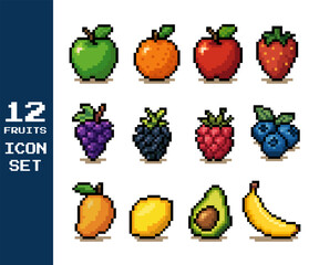 12 Pixel Art Fruits Icon Set - 8-Bit Retro Game Assets Vector Collection