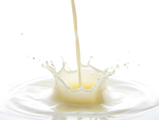 Milk pouring and creating a splash a clean and simple image highlighting the creamy texture and freshness of dairy on white background