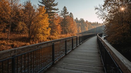 Naklejka premium Bridge for pedestrians above a river in the fall season
