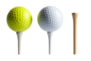 Two golf balls on tees and one wooden tee isolated on transparent background