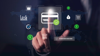 Fototapeta premium Secure online payment and e-business concept showing a person touching a virtual credit card with global financial, representing payment security, digital banking, and secure e-commerce transactions.
