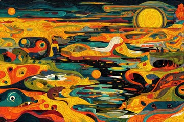 Vibrant, surreal landscape with textured forms