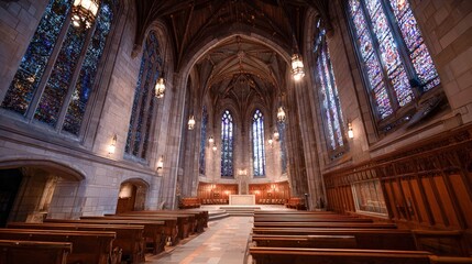 Fototapeta premium Serene Chapel Interior with Stained Glass and Gothic Architecture for Spiritual or Historical Projects