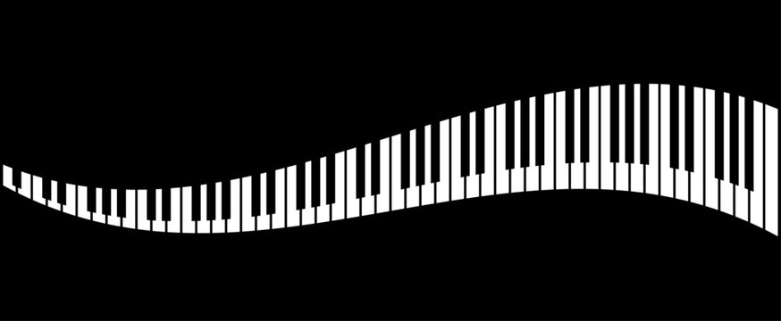 Piano keys background. Wavy piano keys illustration isolated on black background. Abstract piano or keyboard background.