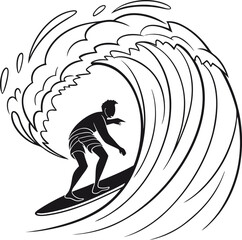 surfboard silhouette with surfer riding wave