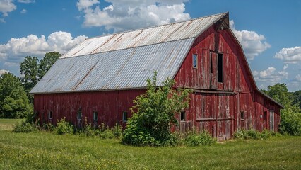 Obraz premium Weathered red barn made of wood exhibiting paint damage and a brand-new tin roof.