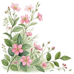 Fototapeta premium Watercolor Floral Corner of Pink Wildflowers and Green Foliage