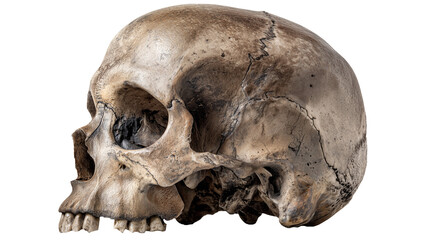 Fototapeta premium Natomical weathered skull, showcasing bone structure and texture, ideal for medical illustration and educational resources on transparent background