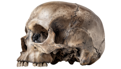 Natomical weathered skull, showcasing bone structure and texture, ideal for medical illustration and educational resources on transparent background