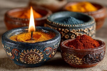 Sacred turmeric kumkum bowls with diya high resolution picture
