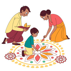 Indian family decorating a rangoli together for a festival celebration